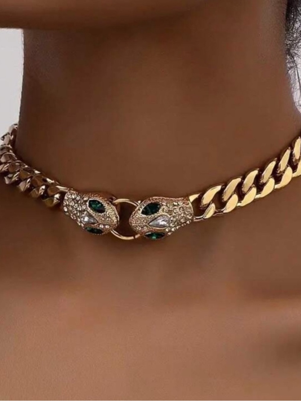 Gold Tone Crystal Snake Head Chain Choker Necklace - Green Accent